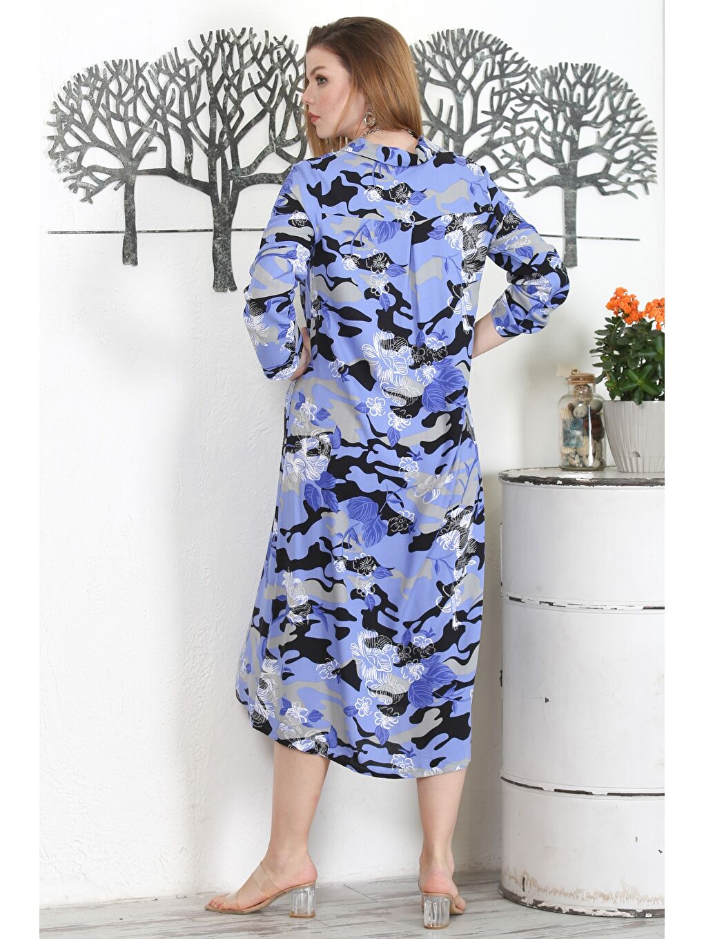 Yeşil Kamuflaj Mavi Gömlek Yaka Düğmeli Uzun Kollu Baskılı Casual Dokuma Elbise-7