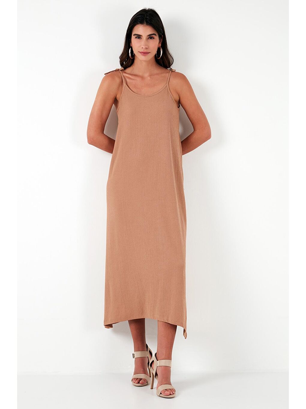 Kahverengi Regular Fit İp Askılı Uzun Kadın Elbise 5865732-3