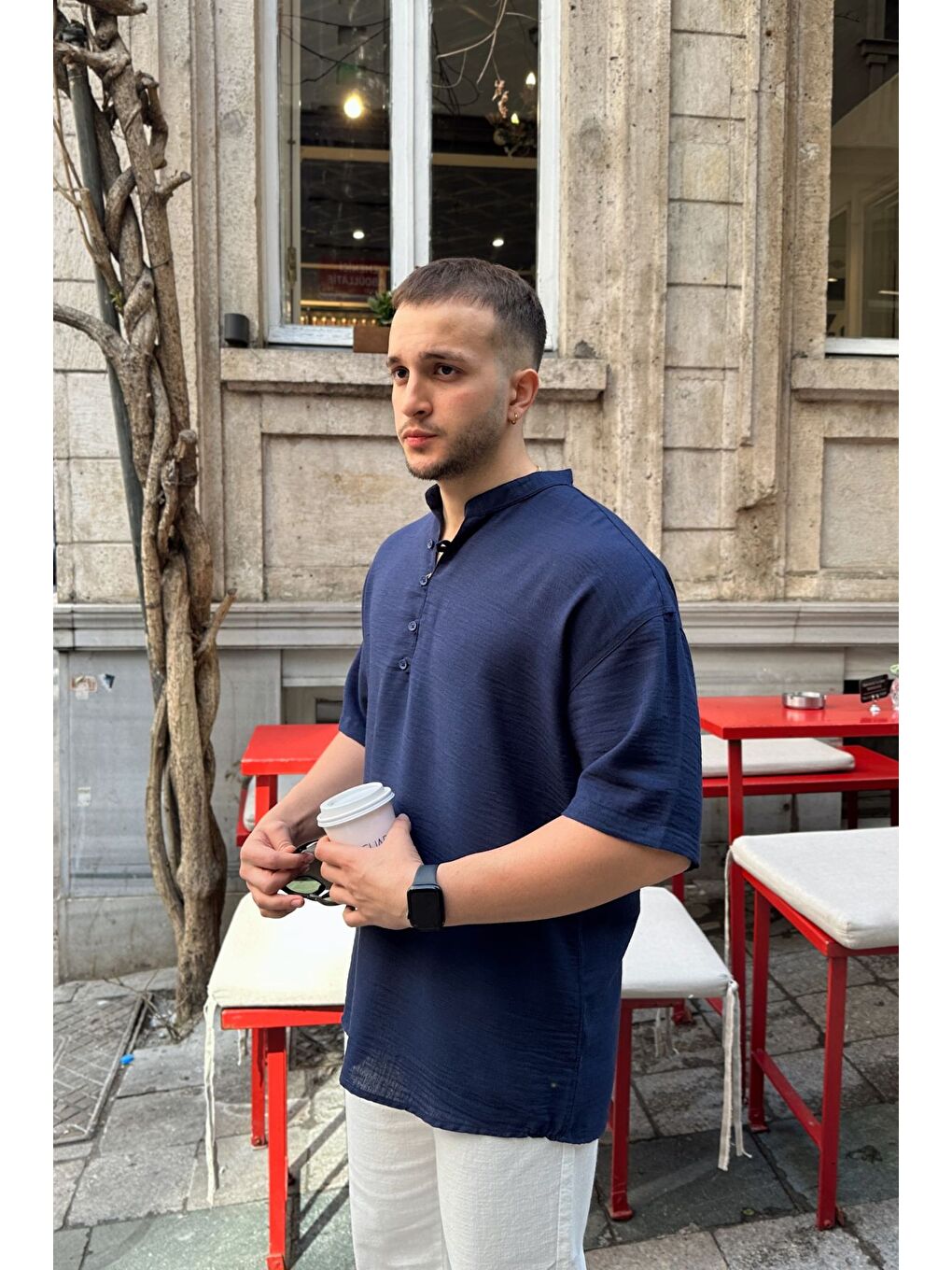 Lacivert Soro Erkek Oversize Keten Görünümlü Kısa Kol Hakim Yaka Yarım Pat Gömlek-6