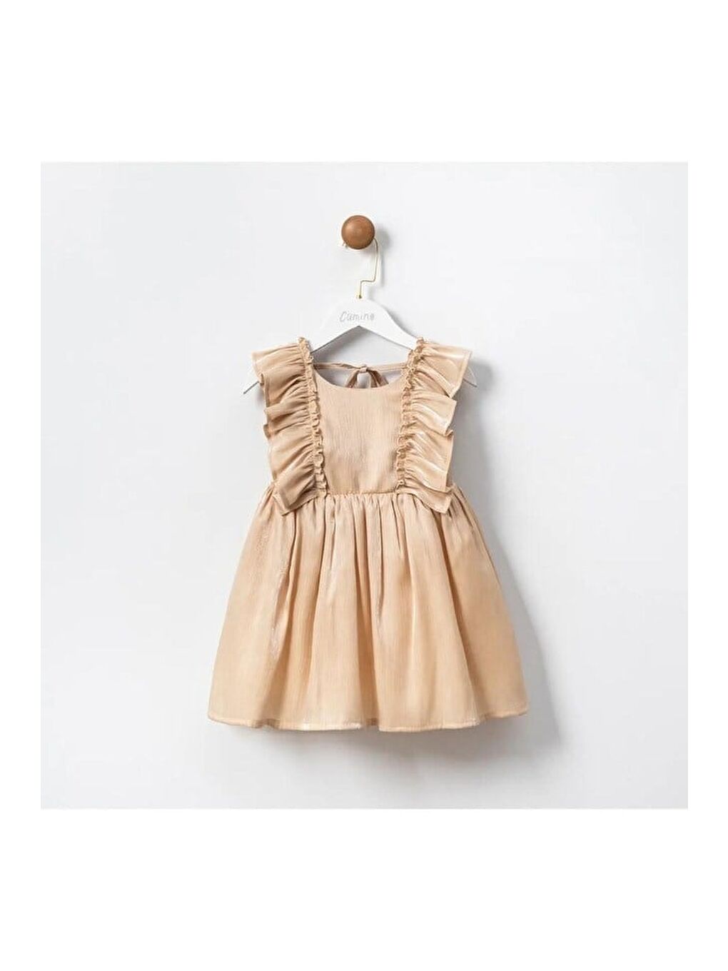 Kahverengi Kız Çocuk Pamuklu Bej Fırfır Detaylı Elbise-2