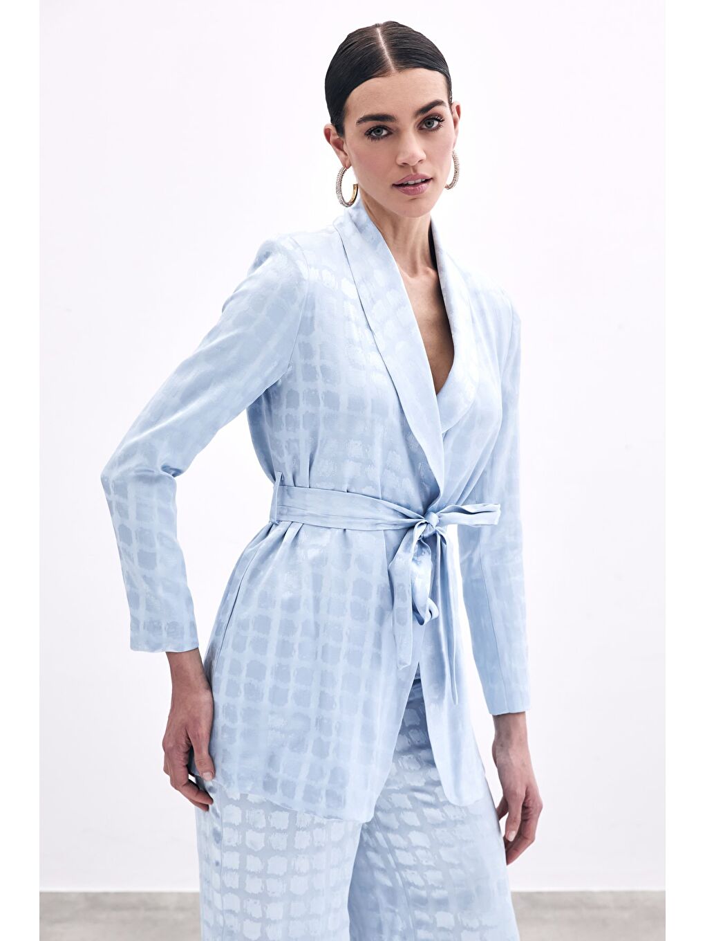 Kare Desenli Kuşaklı Ceket - Bebe Mavi-2