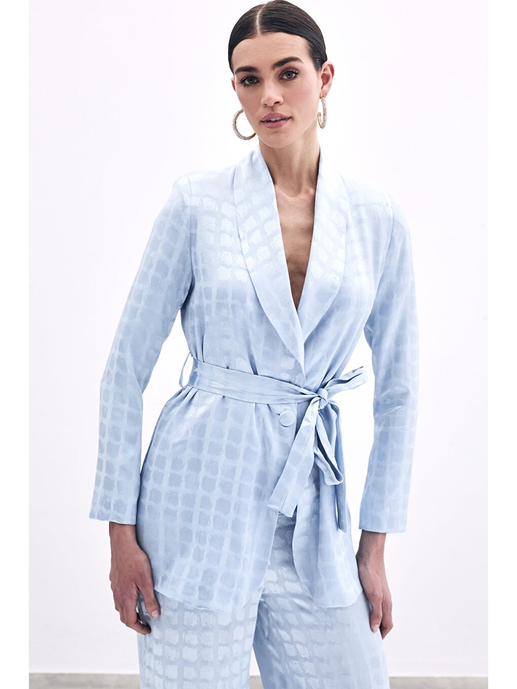 Kare Desenli Kuşaklı Ceket - Bebe Mavi-3