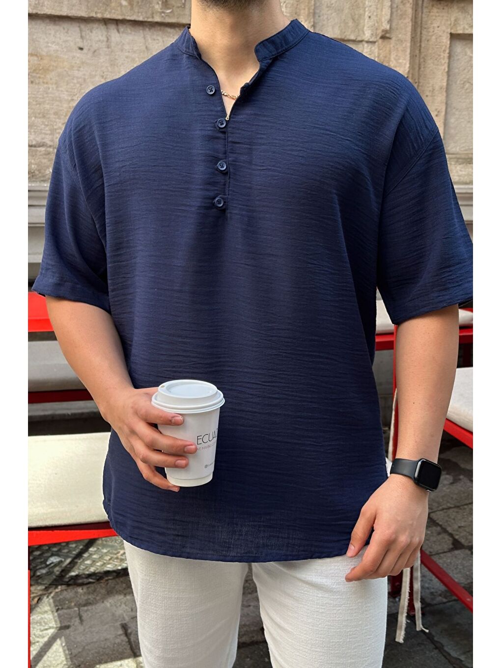 Lacivert Soro Erkek Oversize Keten Görünümlü Kısa Kol Hakim Yaka Yarım Pat Gömlek-7