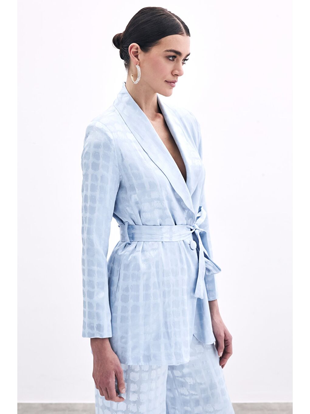 Kare Desenli Kuşaklı Ceket - Bebe Mavi-4