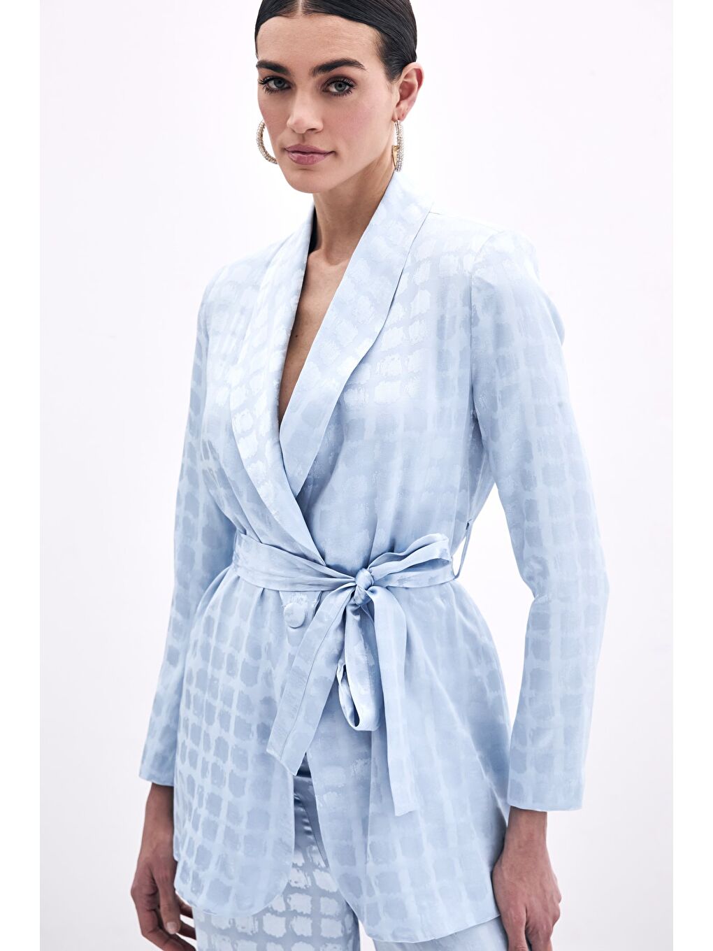 Kare Desenli Kuşaklı Ceket - Bebe Mavi-5