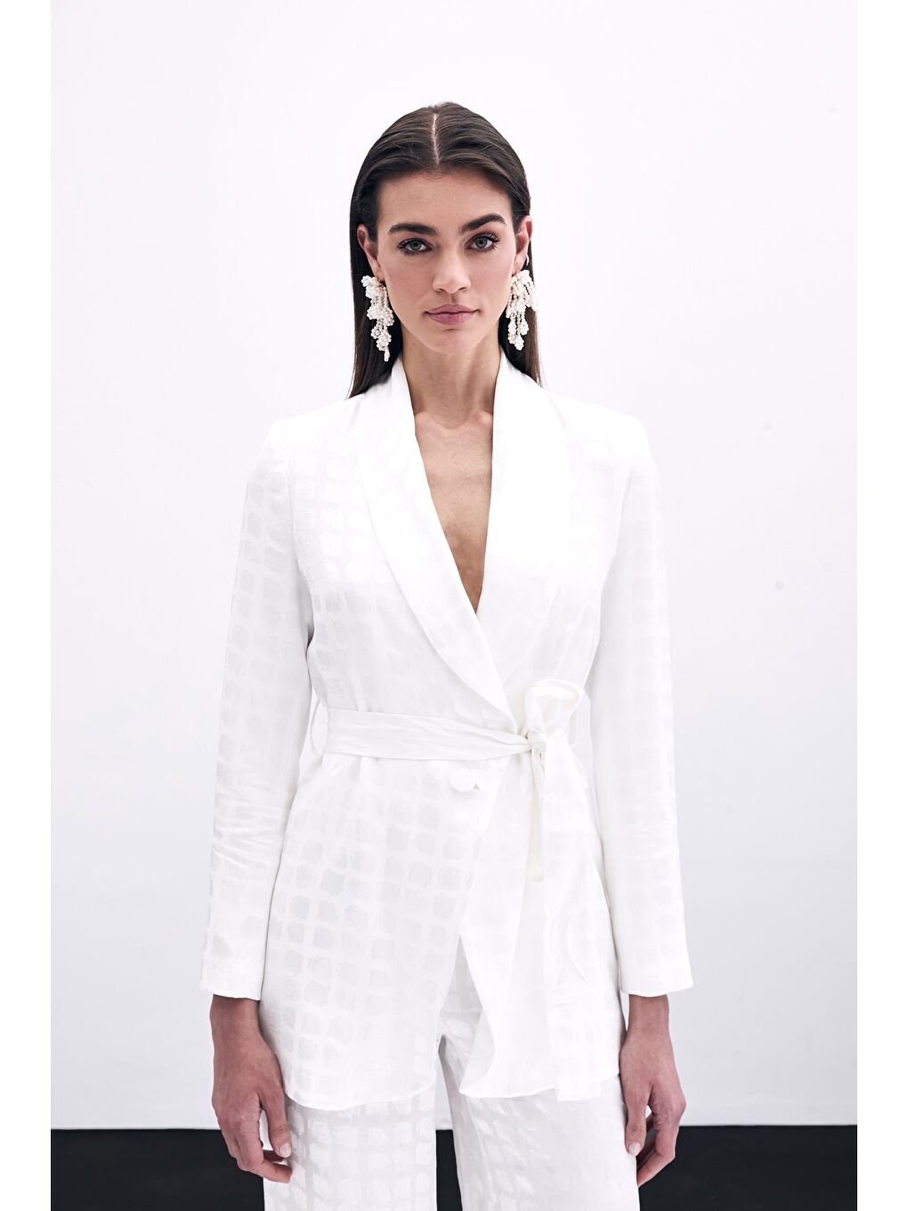 Kare Desenli Kuşaklı Ceket - Ekru-2