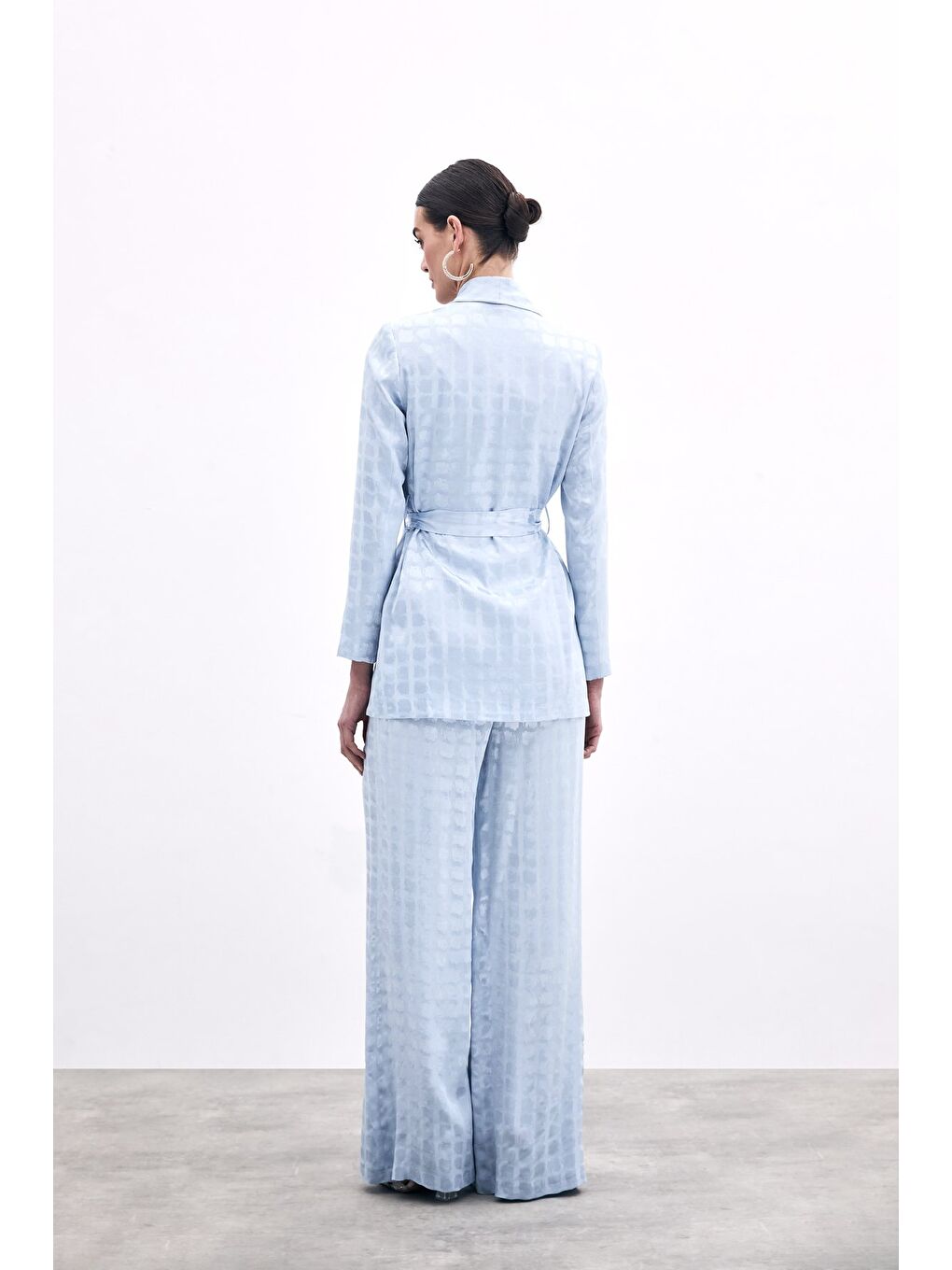 Kare Desenli Kuşaklı Ceket - Bebe Mavi-6