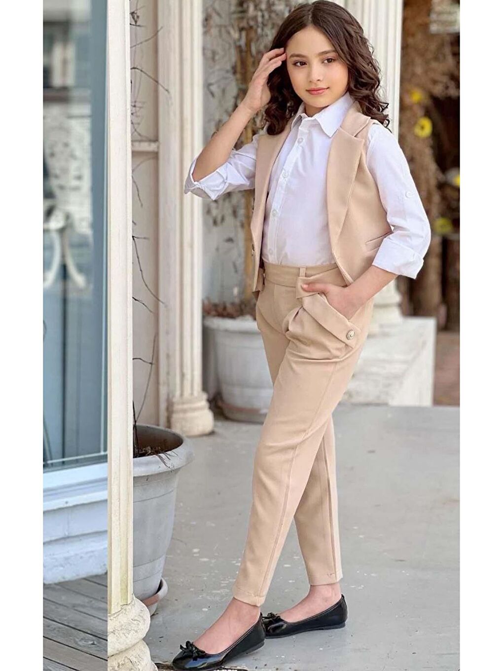 Ekru Kız Çocuk Gümüş Düğme Detaylı Yelek Gabardin Beyaz Gömlek Krem Alt Üst Takım-1