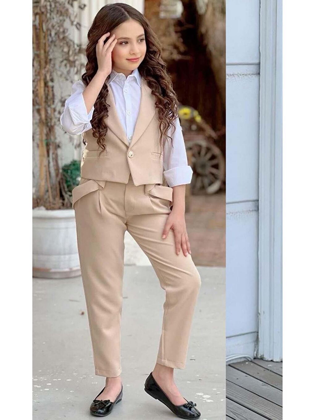 Ekru Kız Çocuk Gümüş Düğme Detaylı Yelek Gabardin Beyaz Gömlek Krem Alt Üst Takım-2