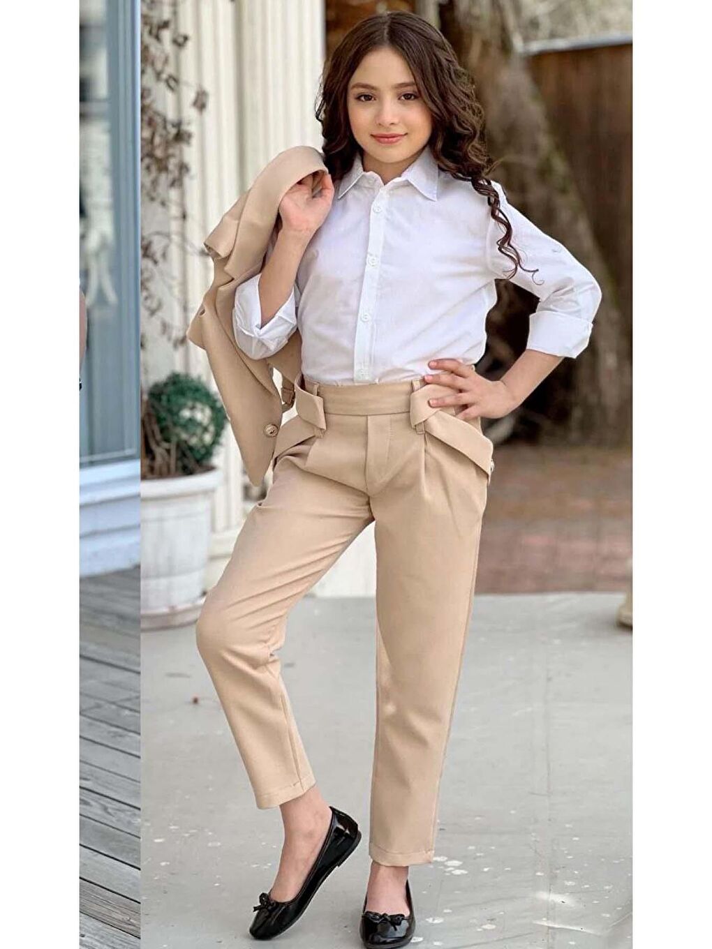 Ekru Kız Çocuk Gümüş Düğme Detaylı Yelek Gabardin Beyaz Gömlek Krem Alt Üst Takım-3