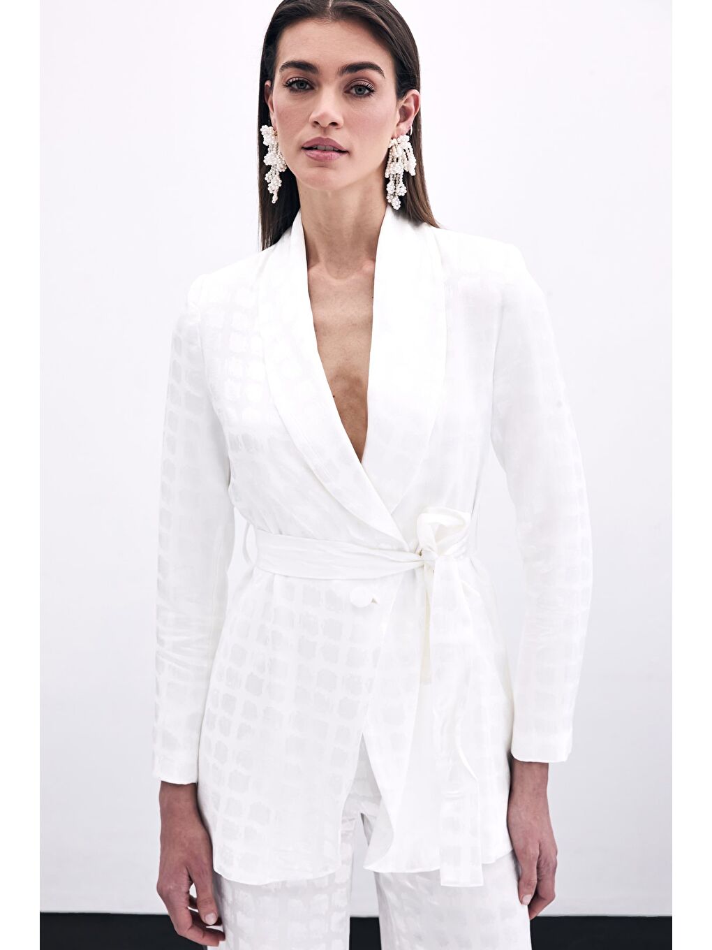 Kare Desenli Kuşaklı Ceket - Ekru-3