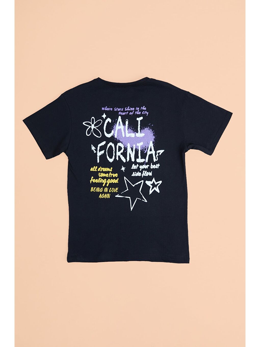 Siyah California Baskılı Bisiklet Yaka Kız Çocuk Tişört-1