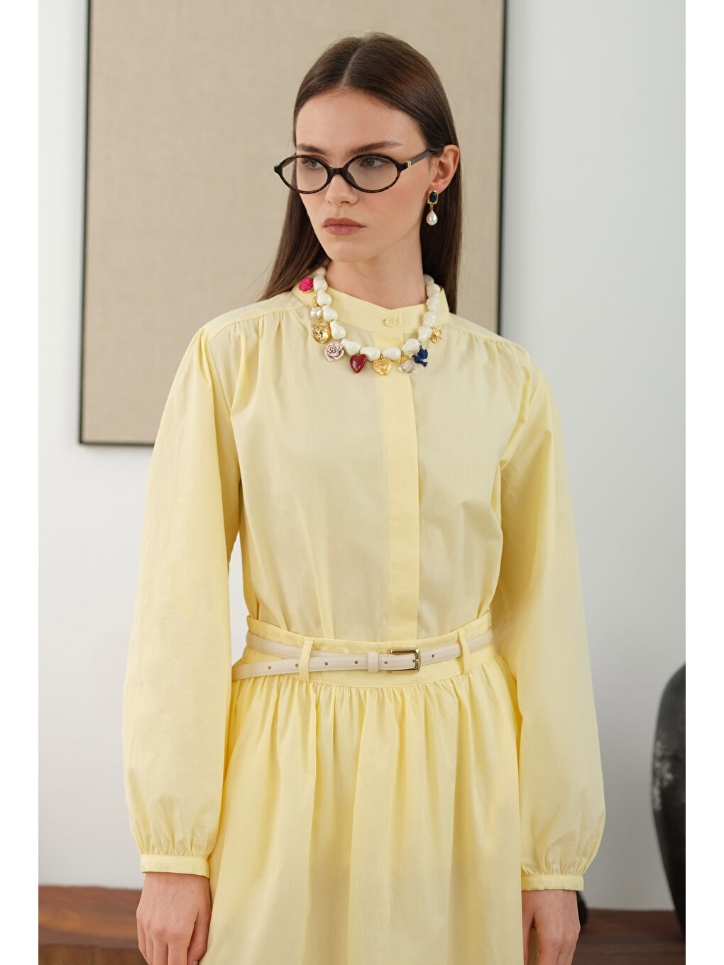 Omzu Büzgülü Poplin Gömlek Soft Sarı