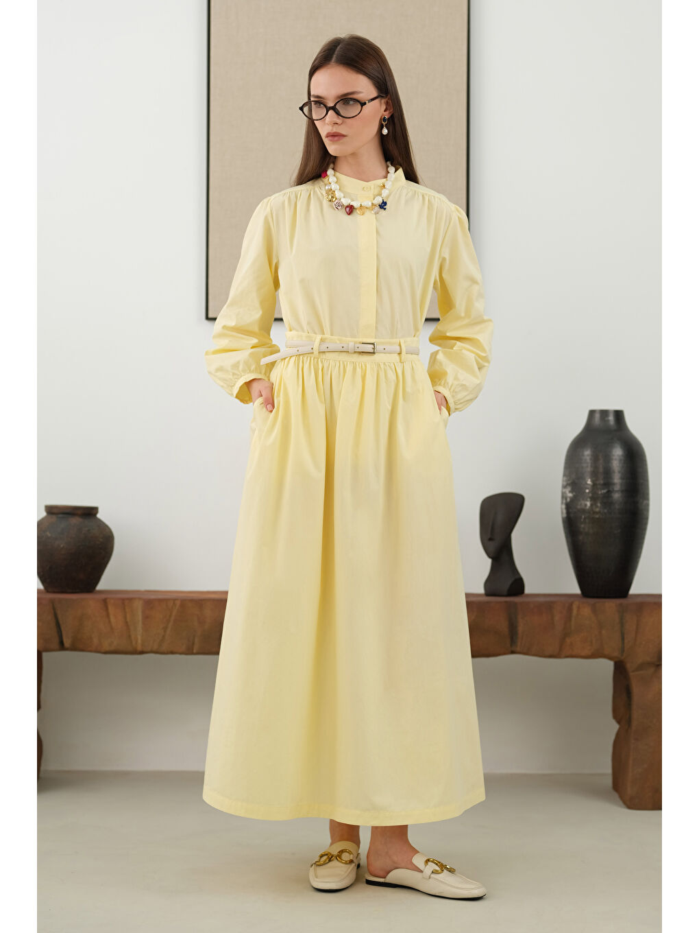 Omzu Büzgülü Poplin Gömlek Soft Sarı-1