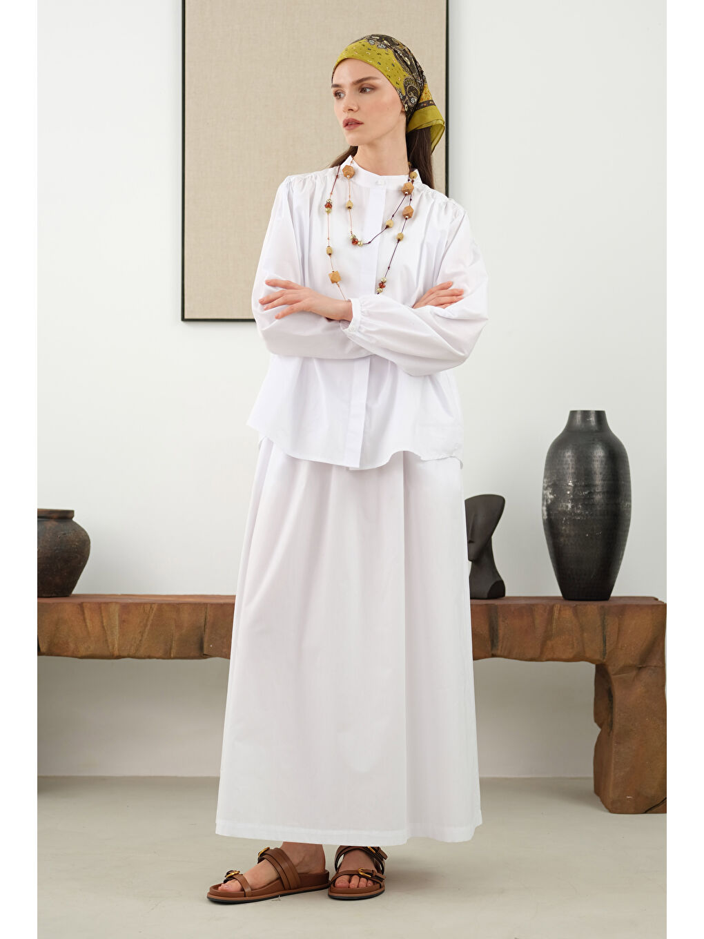 Omzu Büzgülü Poplin Gömlek Beyaz-1