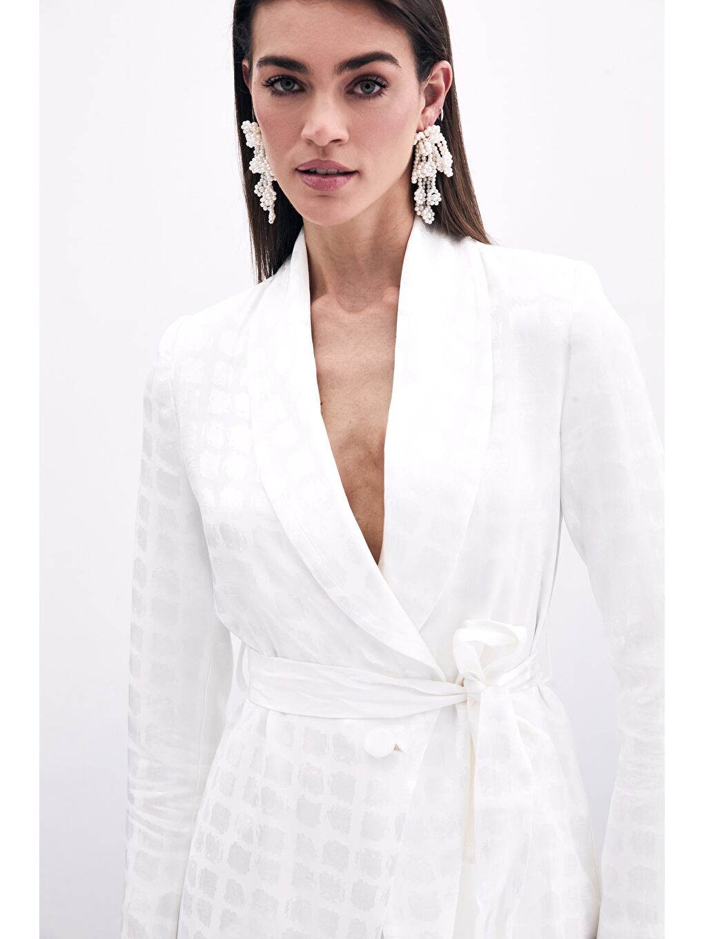 Kare Desenli Kuşaklı Ceket - Ekru-4