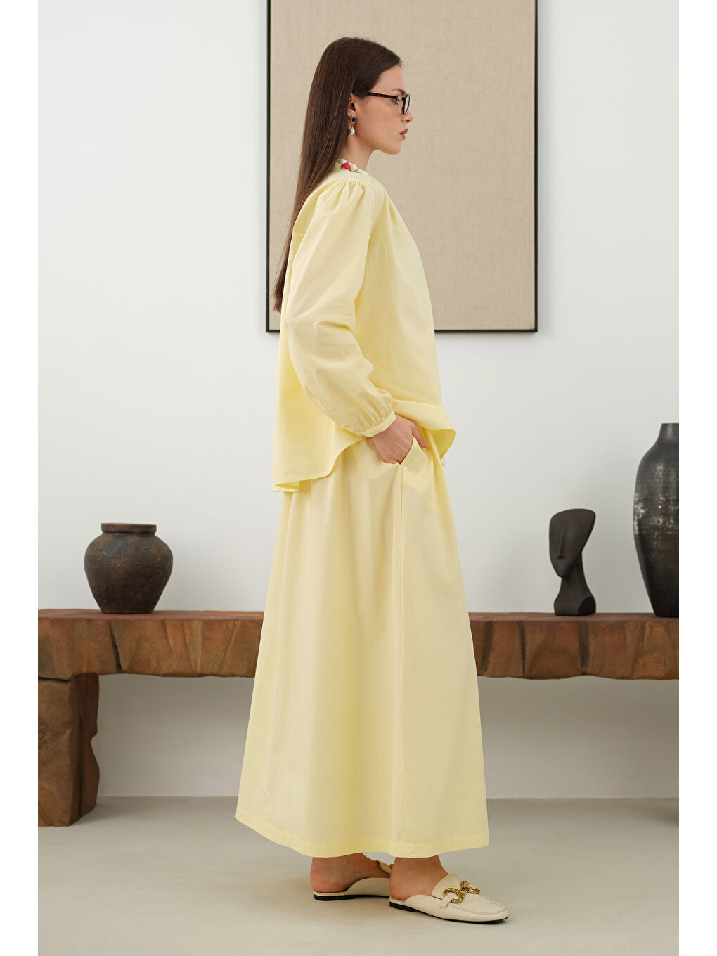 Omzu Büzgülü Poplin Gömlek Soft Sarı-2