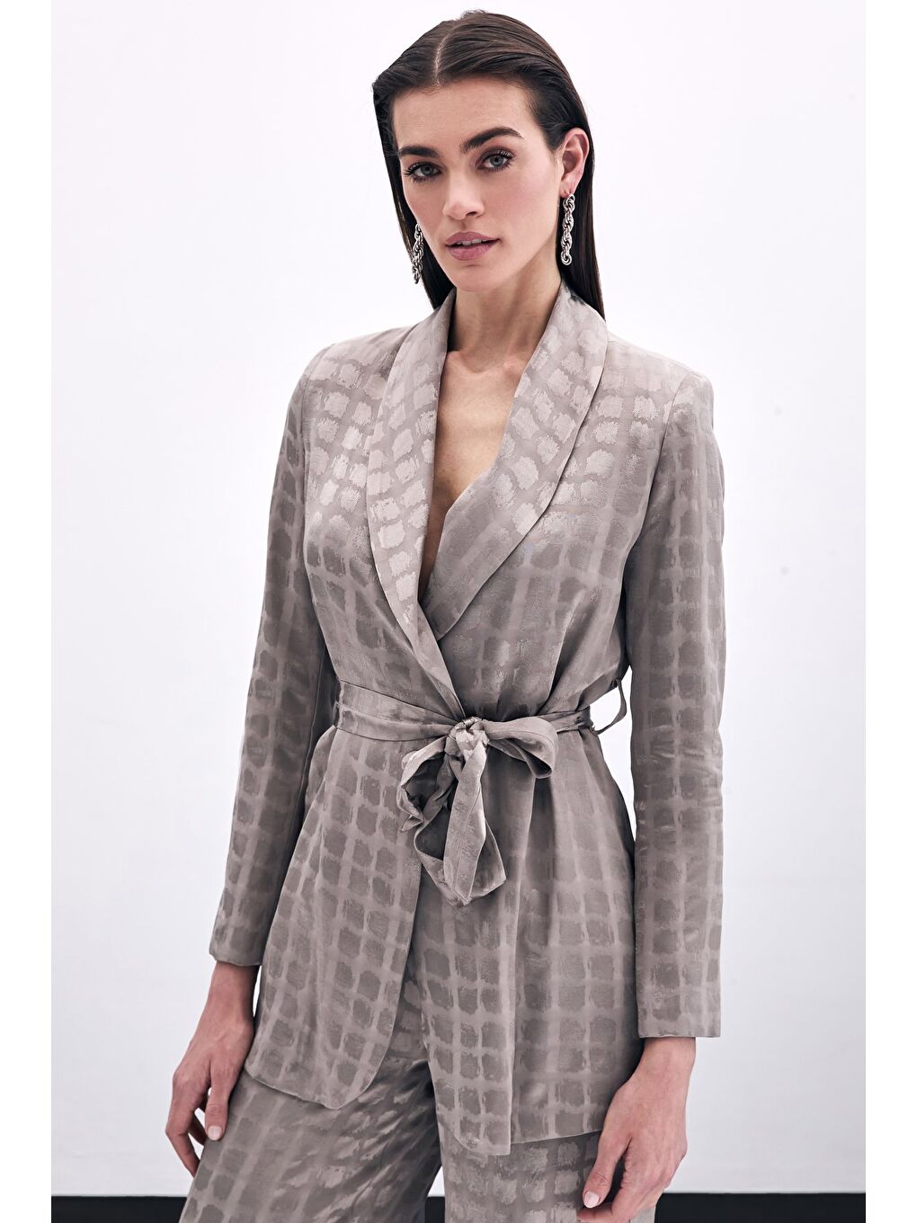 Bej Kare Desenli Kuşaklı Ceket - Vizon-2