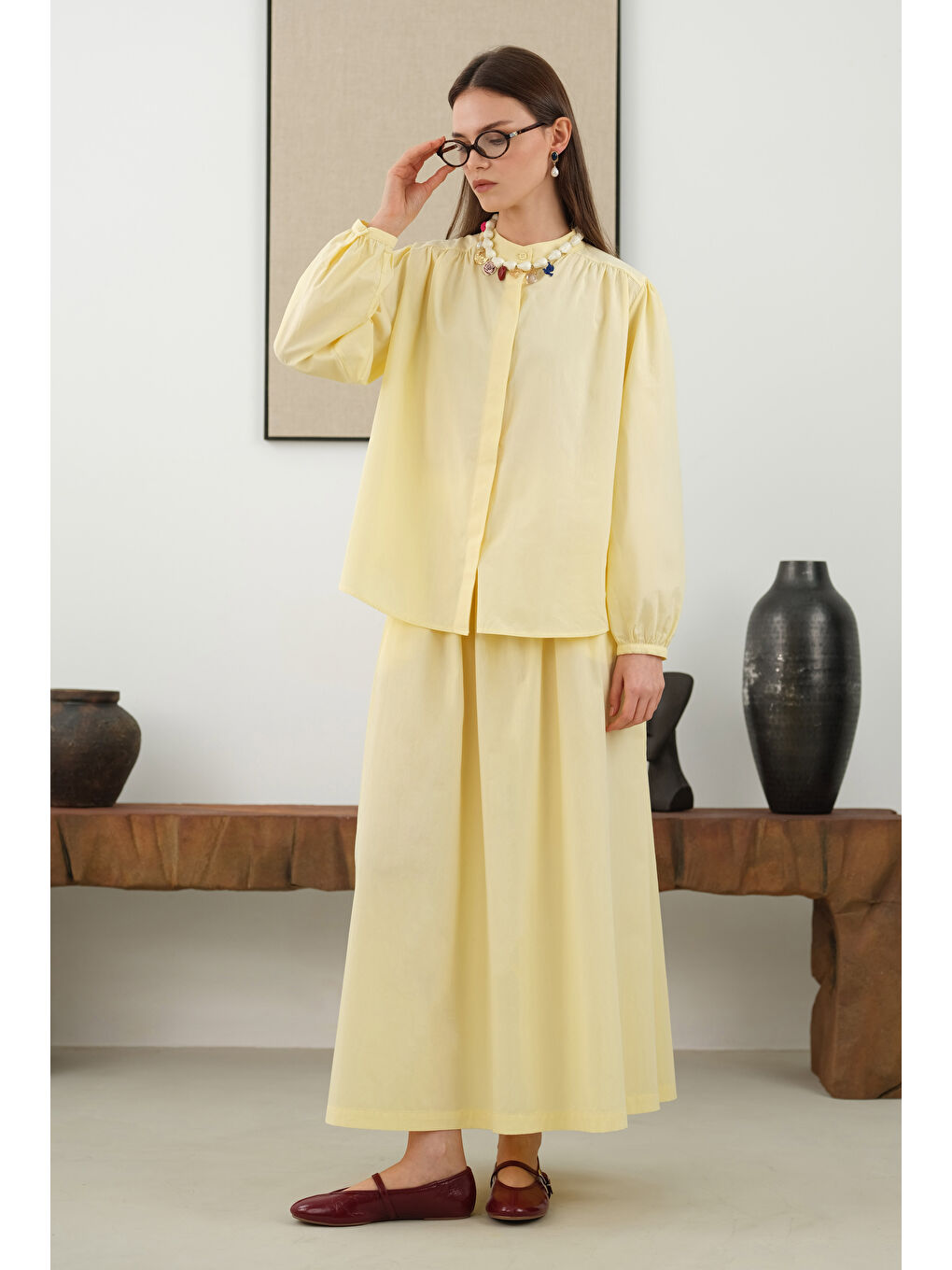 Omzu Büzgülü Poplin Gömlek Soft Sarı-3