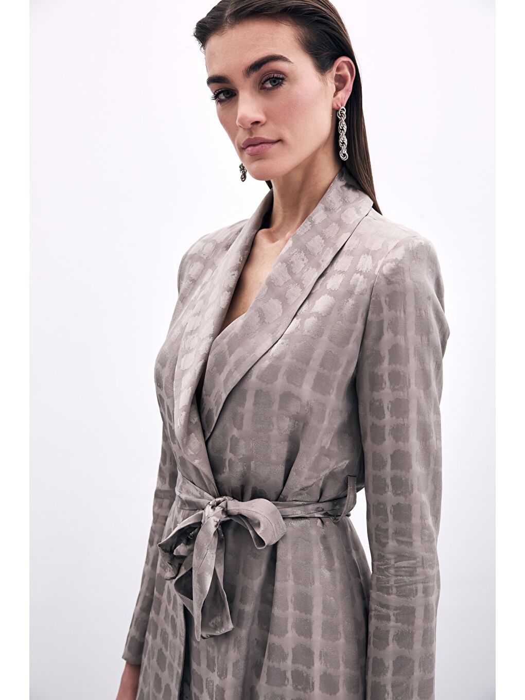 Bej Kare Desenli Kuşaklı Ceket - Vizon-3