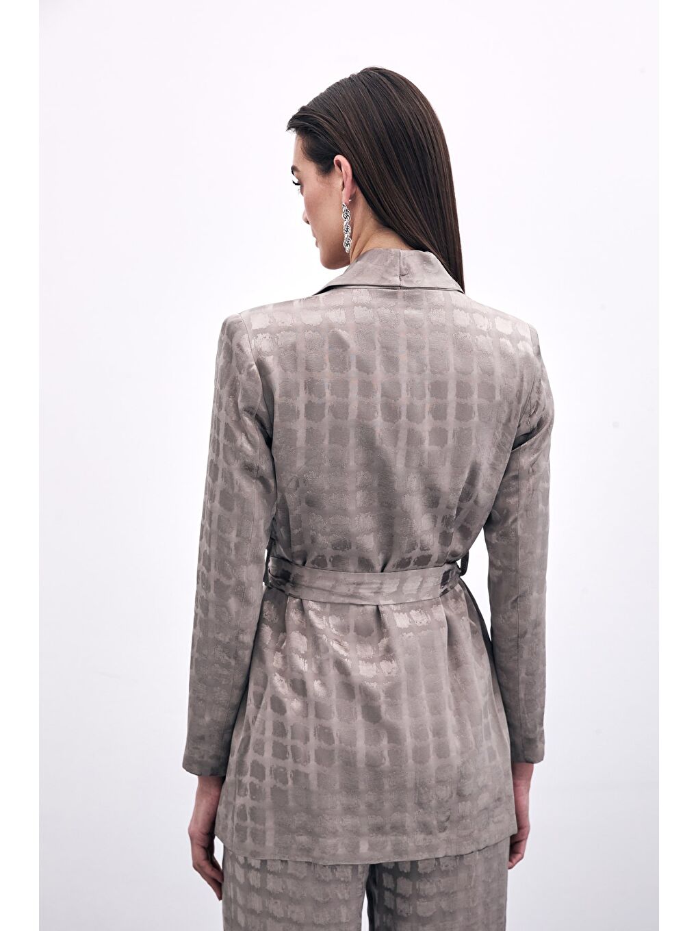 Bej Kare Desenli Kuşaklı Ceket - Vizon-4