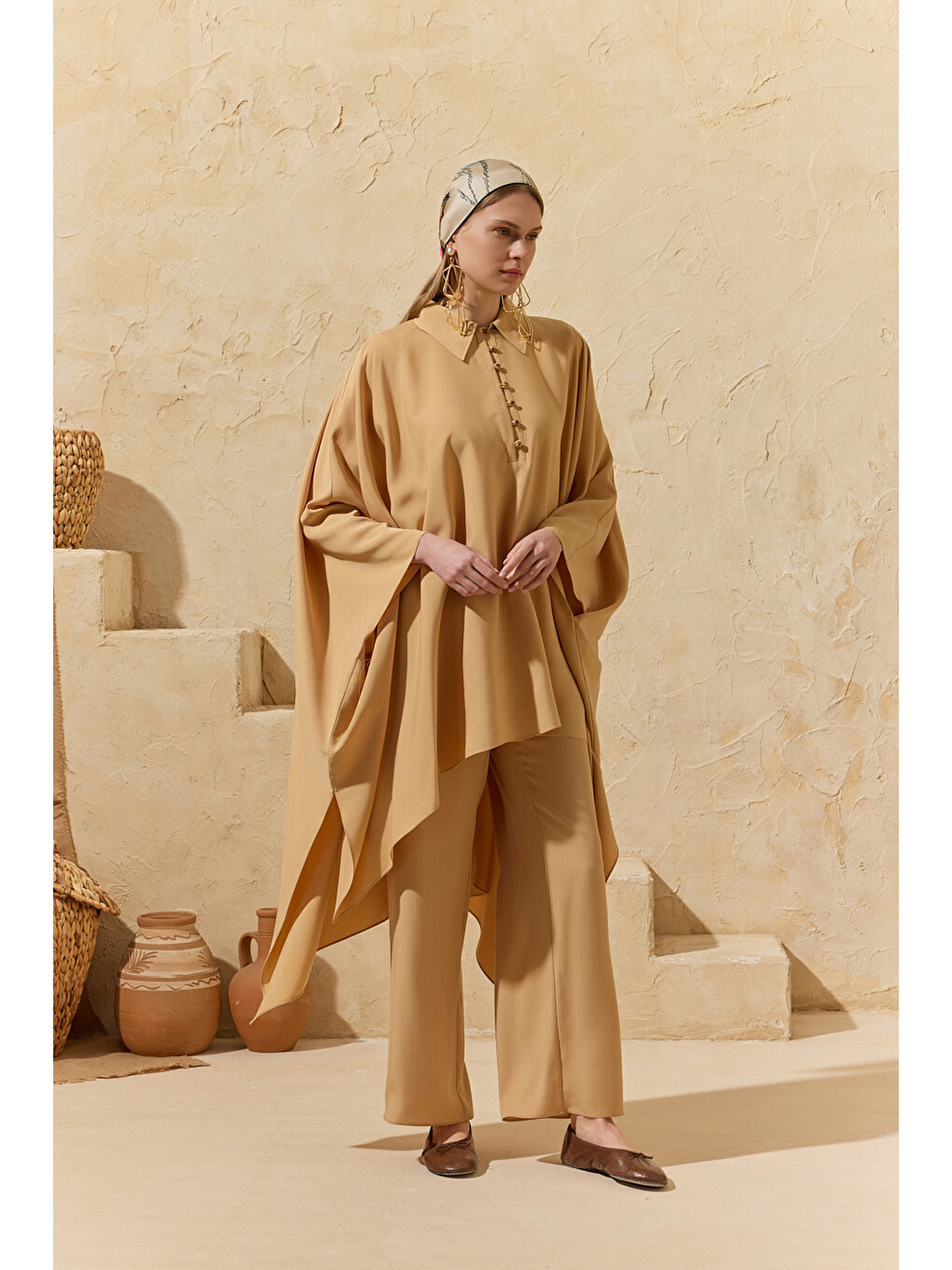 Kahverengi Camel Tasarım Düğme Detaylı Tunik-2