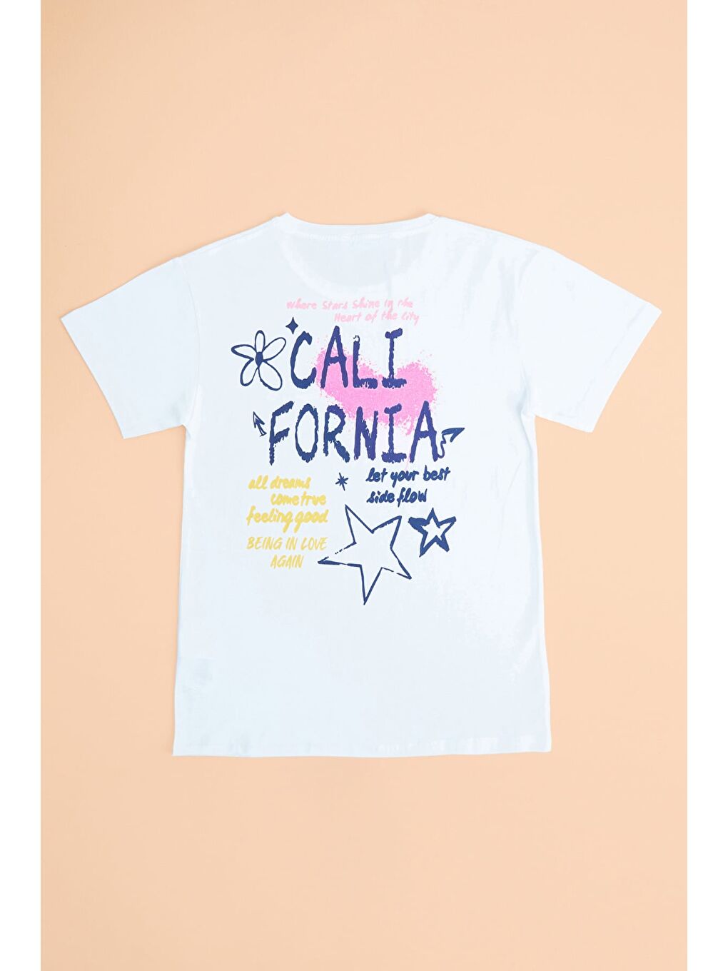 Beyaz California Baskılı Bisiklet Yaka  Kız Çocuk Tişört-1