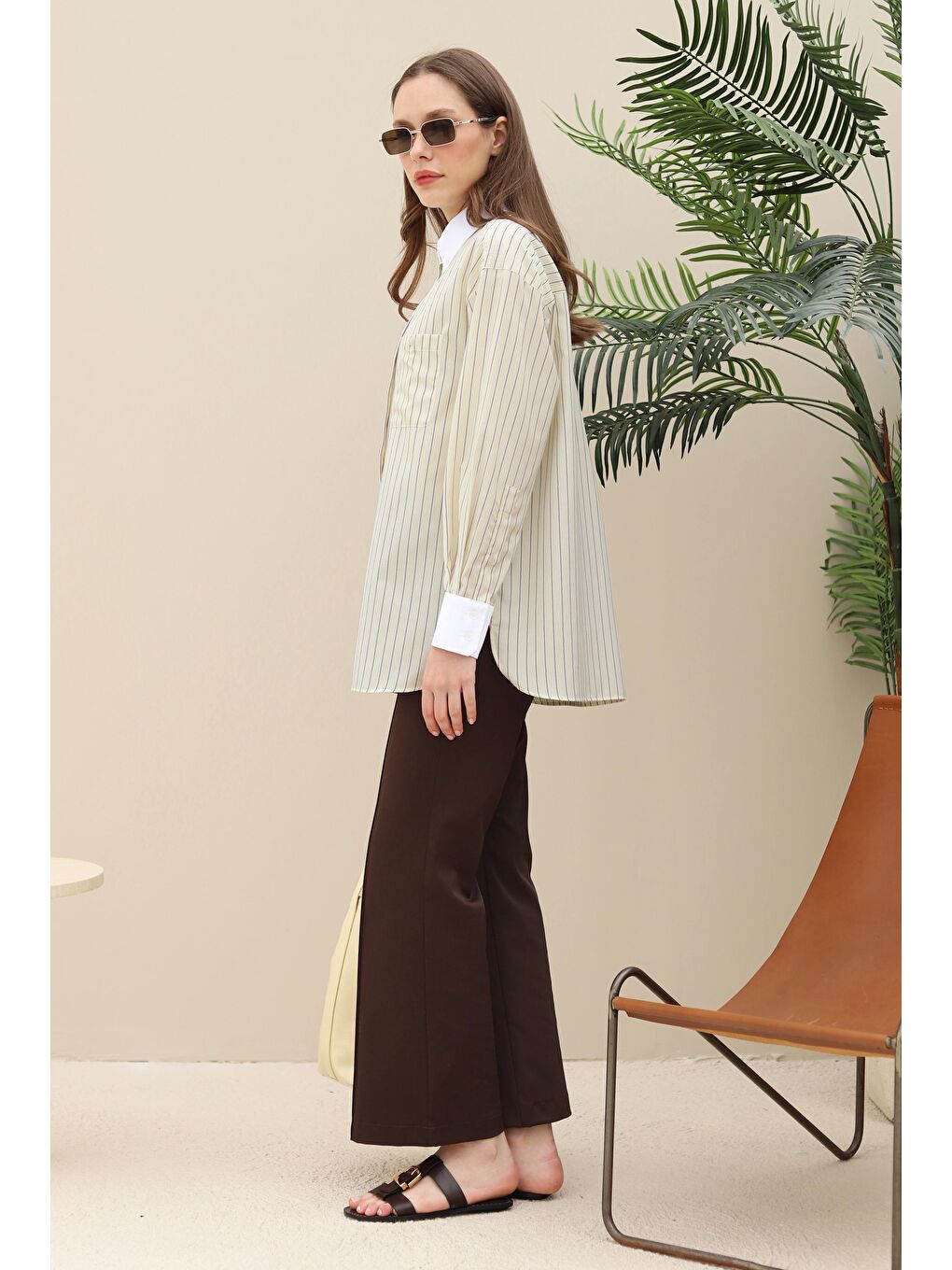 Yaka ve Manşetleri Garnili Gömlek Soft Sarı-1