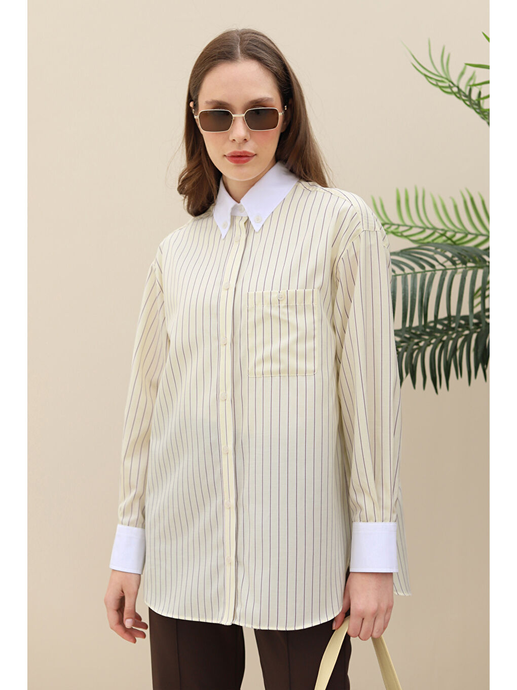 Yaka ve Manşetleri Garnili Gömlek Soft Sarı-3