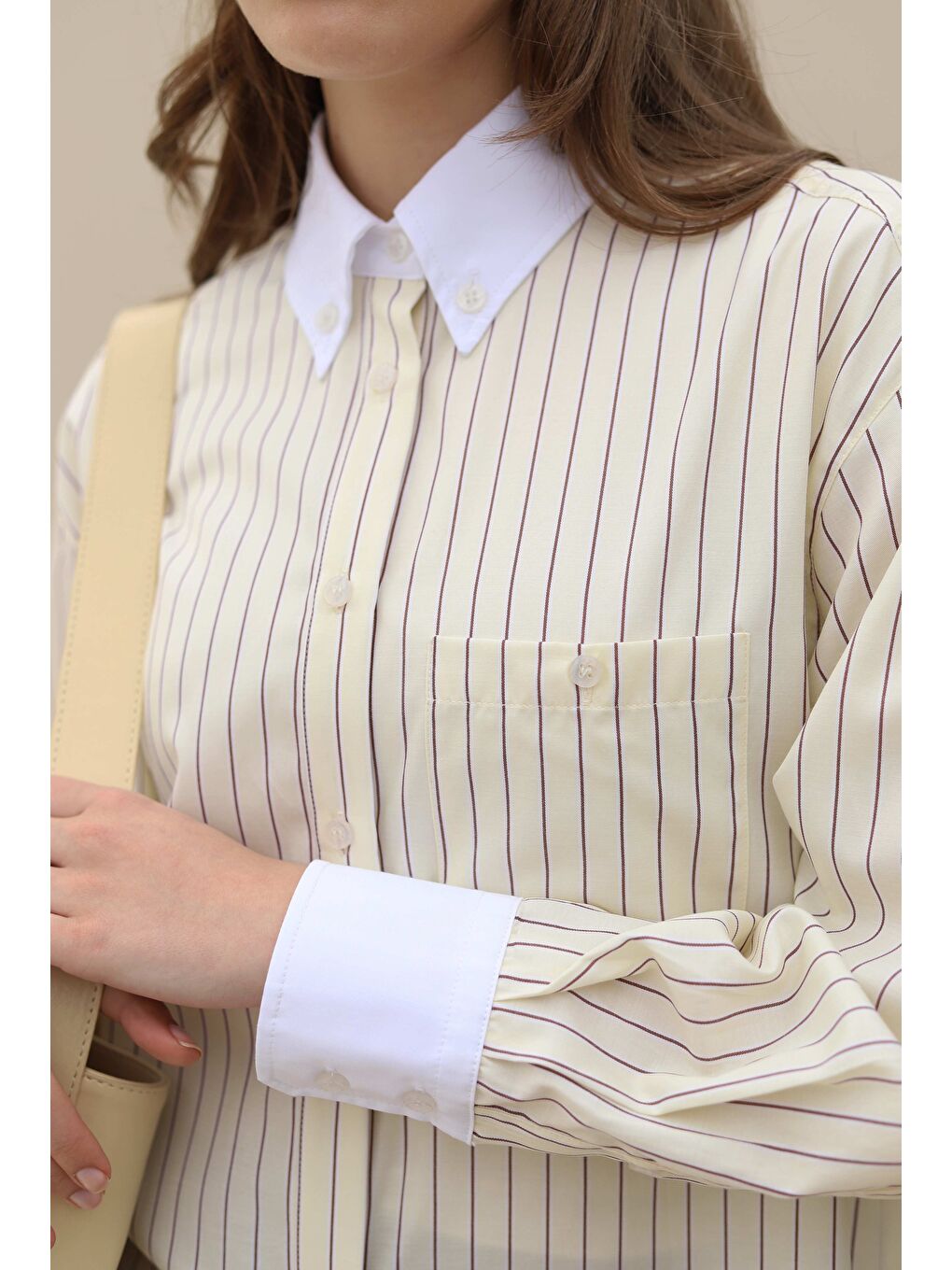 Yaka ve Manşetleri Garnili Gömlek Soft Sarı-4