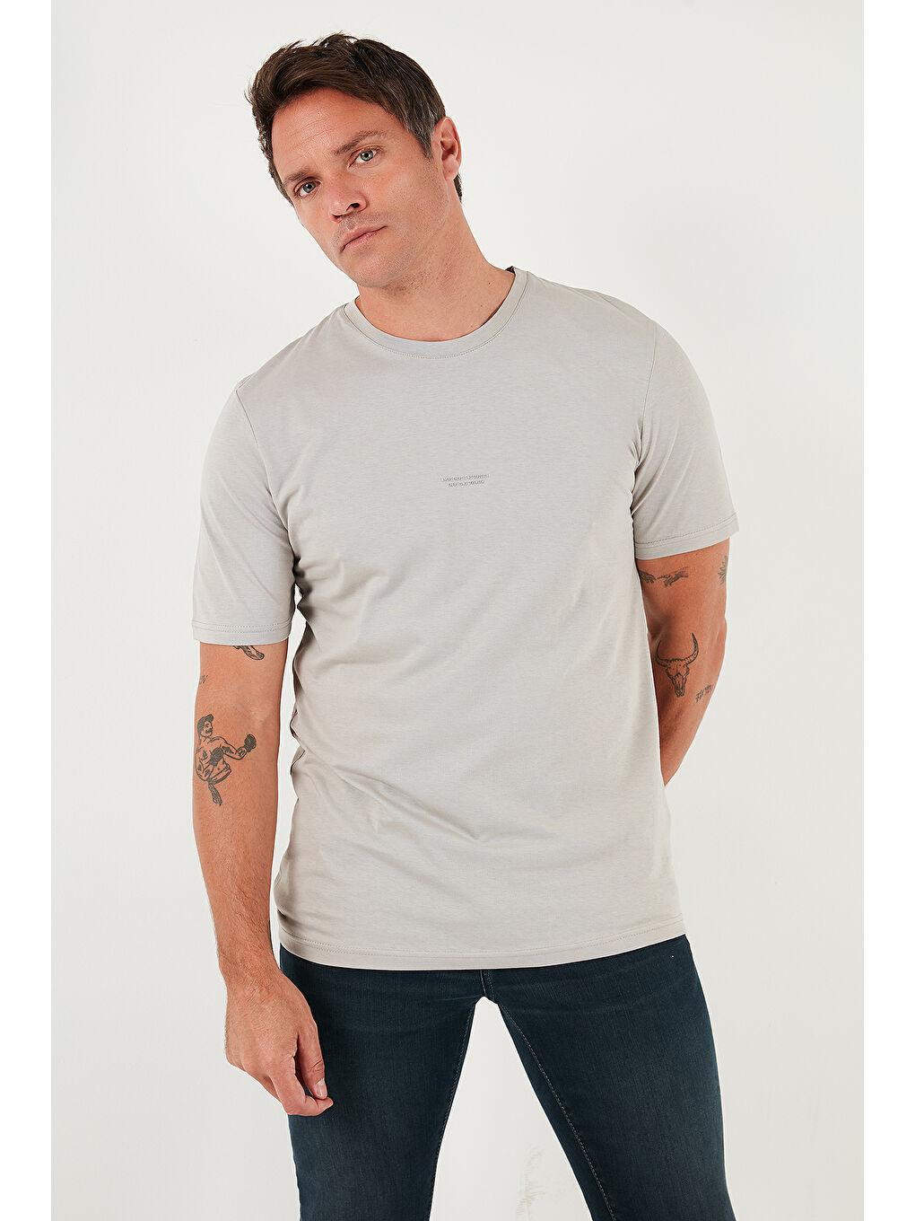 Gri Yazı Detaylı Pamuklu Regular Fit Bisiklet Yaka %100 Pamuk Tişört 59020203-4