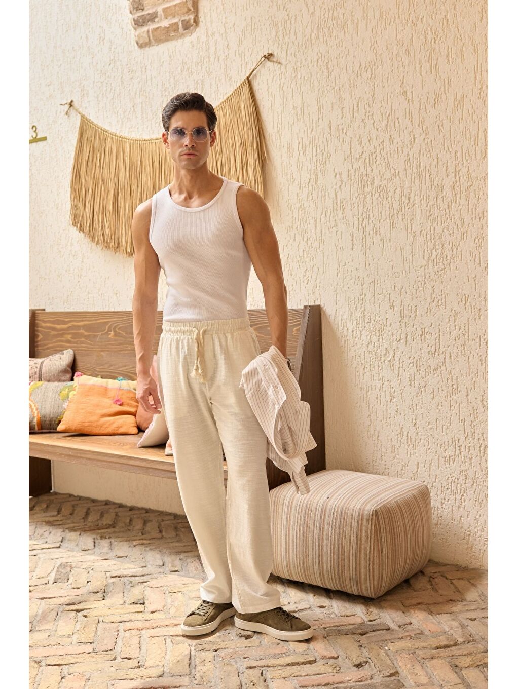 Bej Abay Erkek Keten İpli Baggy Pantolon-1