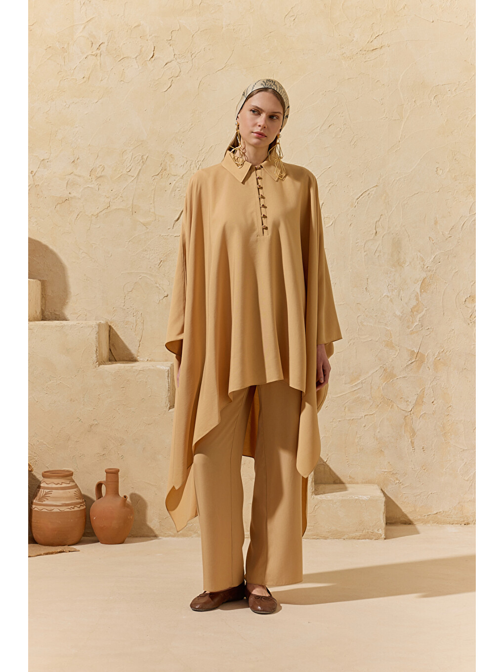 Kahverengi Camel Tasarım Düğme Detaylı Tunik-3