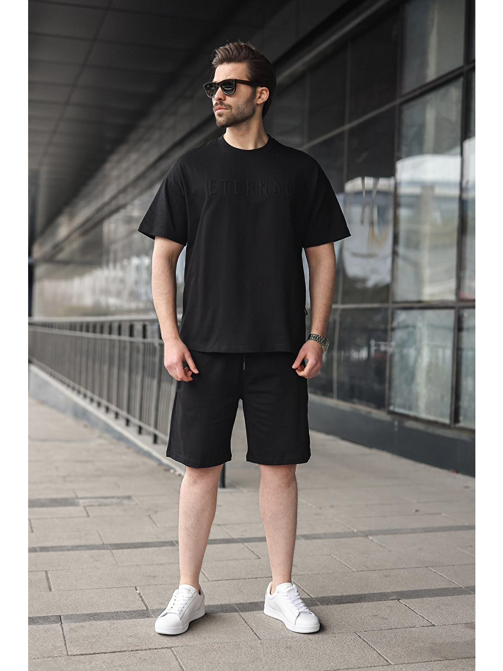 Siyah Erkek Şort T-Shirt Takım E7347-5