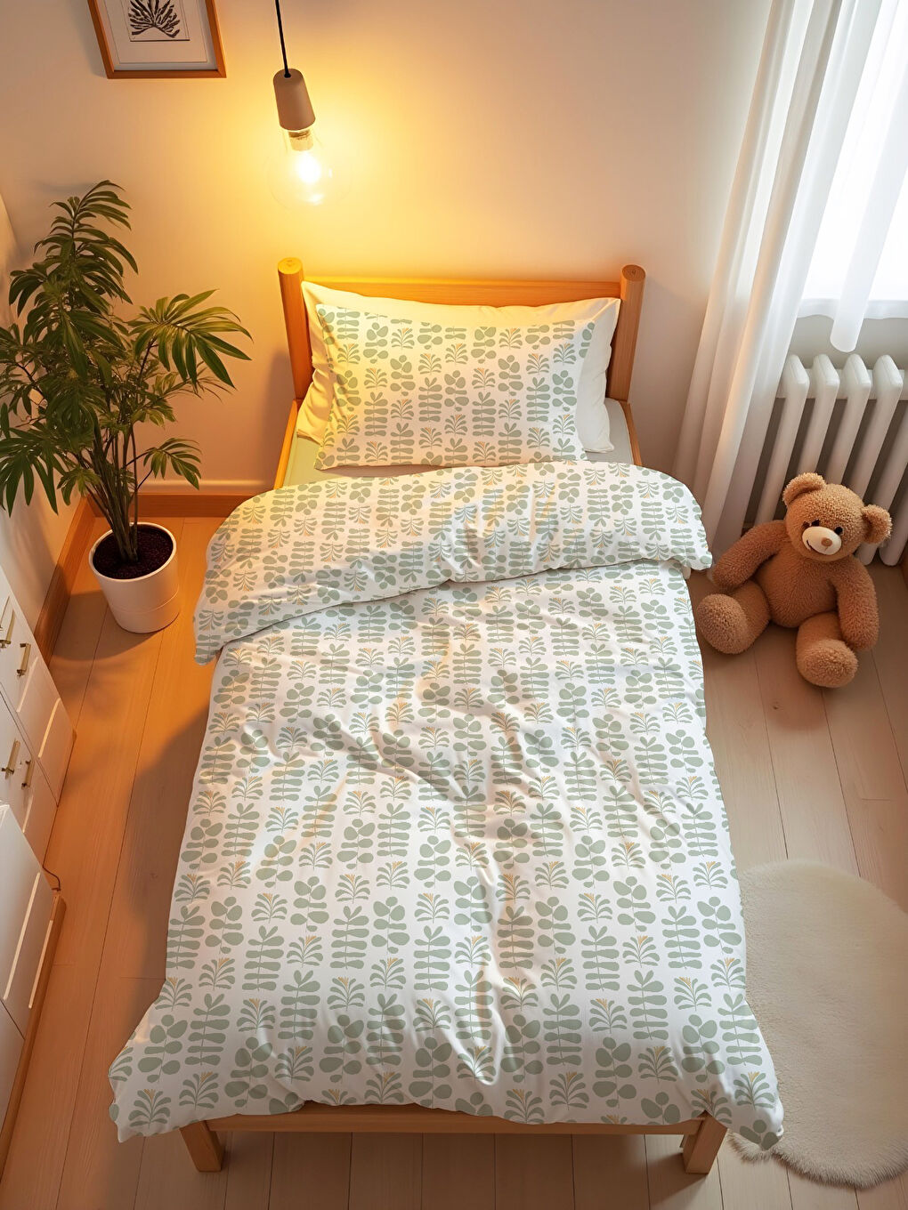 Karışık İskandinav Tarzı Yaprak Desenli Tek Kişilik Nevresim Takımı -Fermuarlı