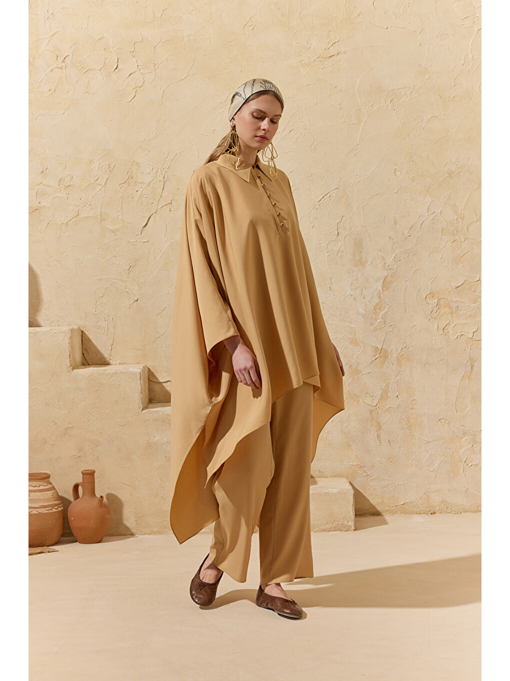 Kahverengi Camel Tasarım Düğme Detaylı Tunik-4