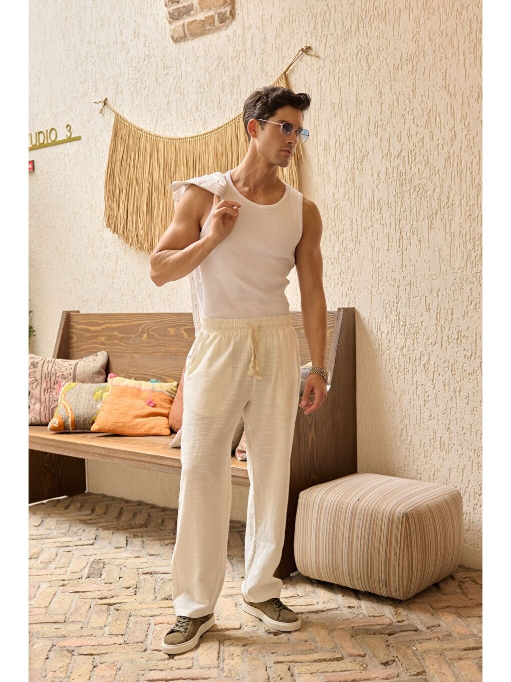 Bej Abay Erkek Keten İpli Baggy Pantolon-2