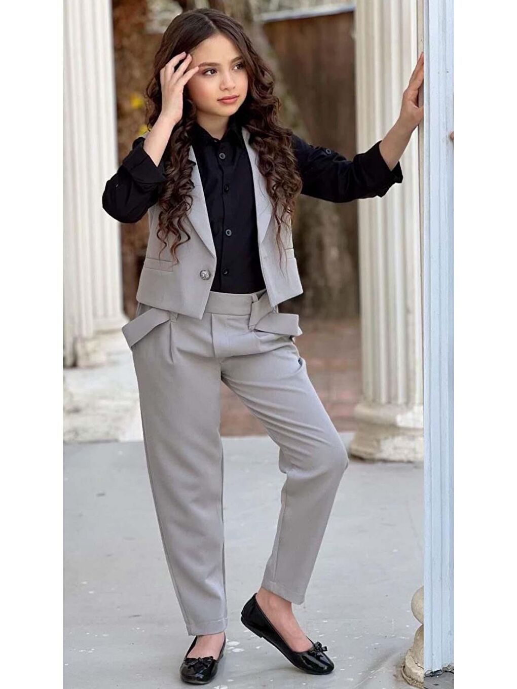 Kız Çocuk Gümüş Düğme Detaylı Yelek Gabardin Siyah Gömlek Gri Alt Üst Takım-1