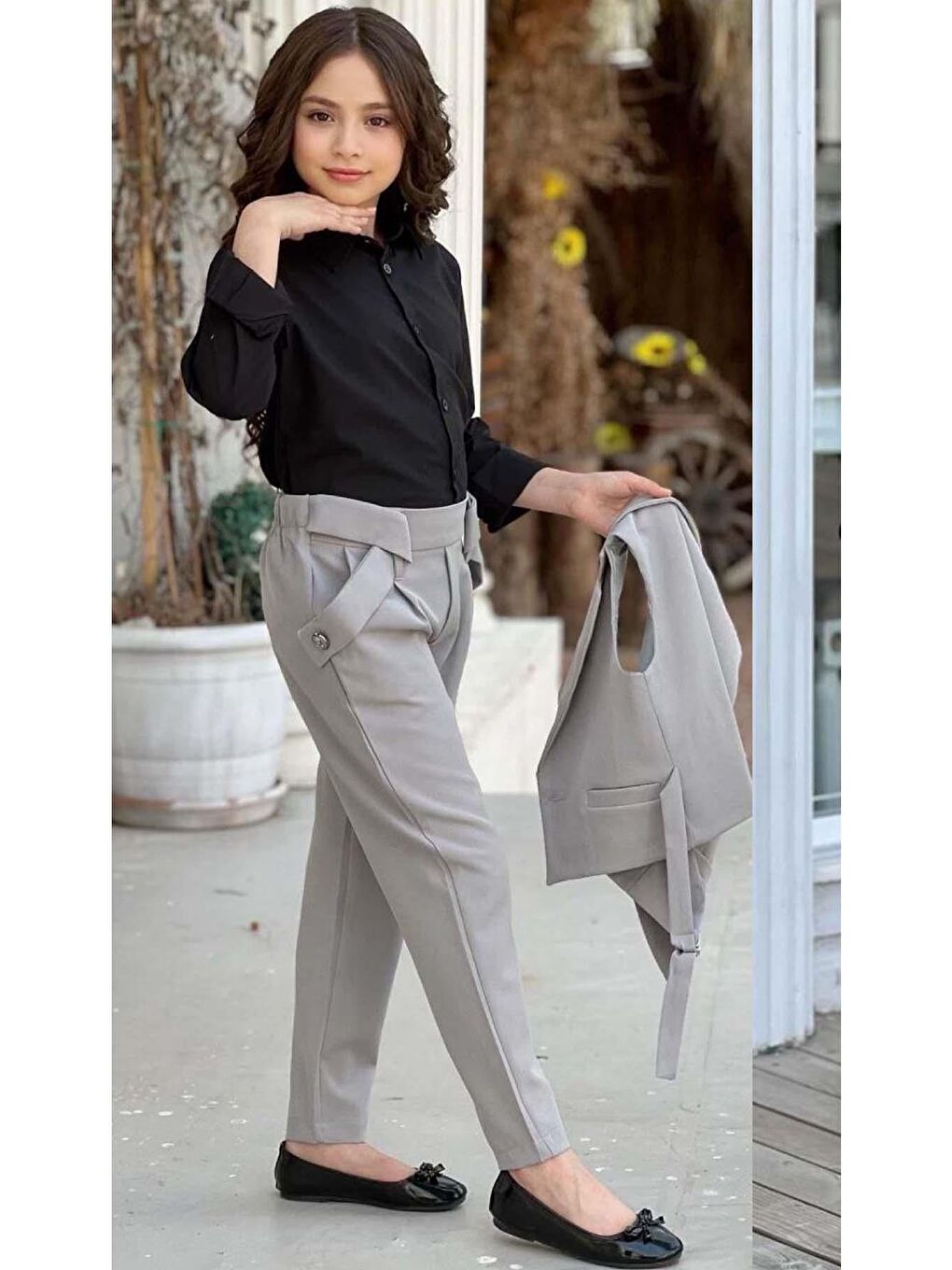 Kız Çocuk Gümüş Düğme Detaylı Yelek Gabardin Siyah Gömlek Gri Alt Üst Takım-2