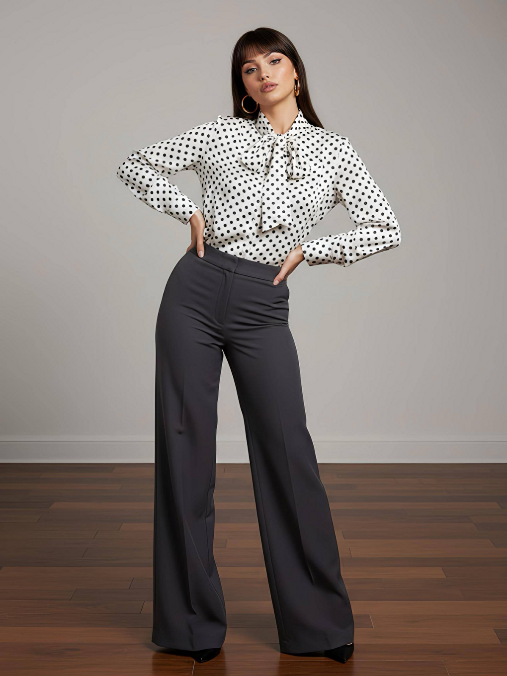 Siyah Puantiye Desenki Paris Fularlı Gömlek-1