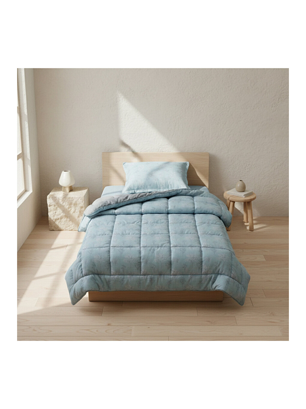 Tek Kişilik Çift Taraflı Welsoft Comforter Yorgan Seti Mavi 155x215 cm - Dormio Soft Bloom Serisi-2