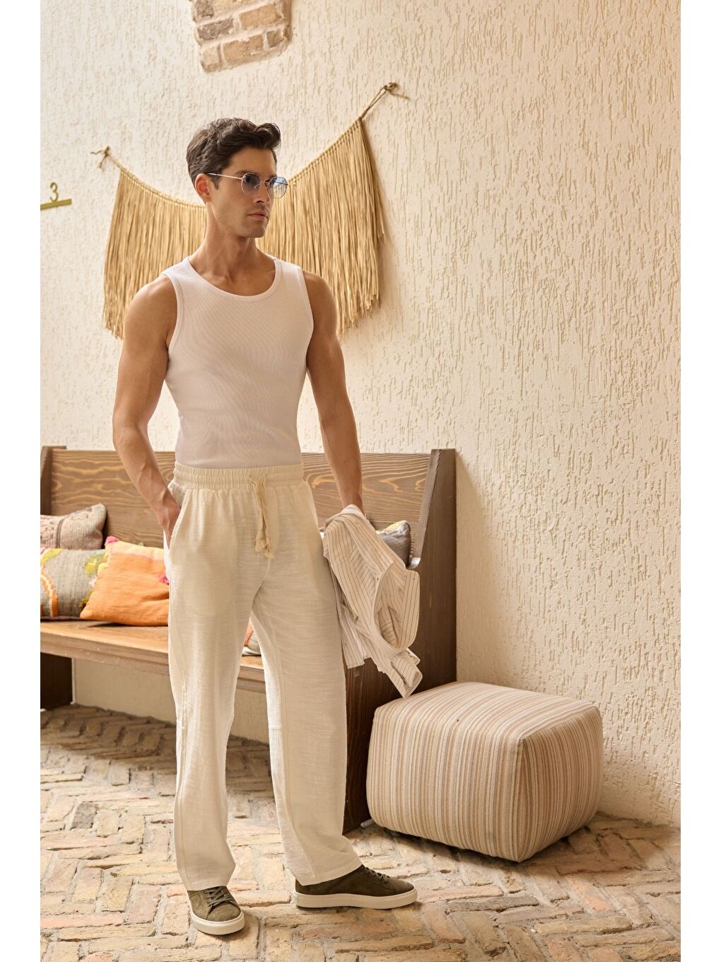 Bej Abay Erkek Keten İpli Baggy Pantolon-3