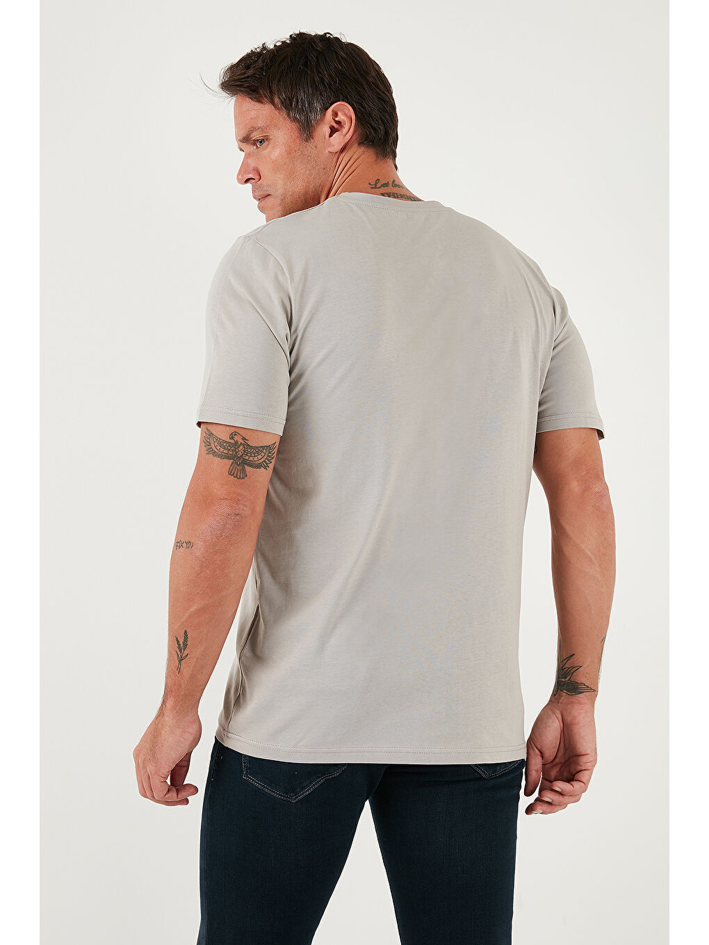 Gri Yazı Detaylı Pamuklu Regular Fit Bisiklet Yaka %100 Pamuk Tişört 59020203-6