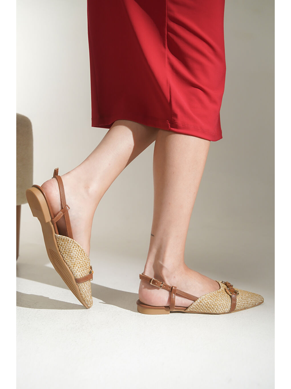 Kahverengi Aria Hasır Ahşap Tokalı Kadın Babet-7