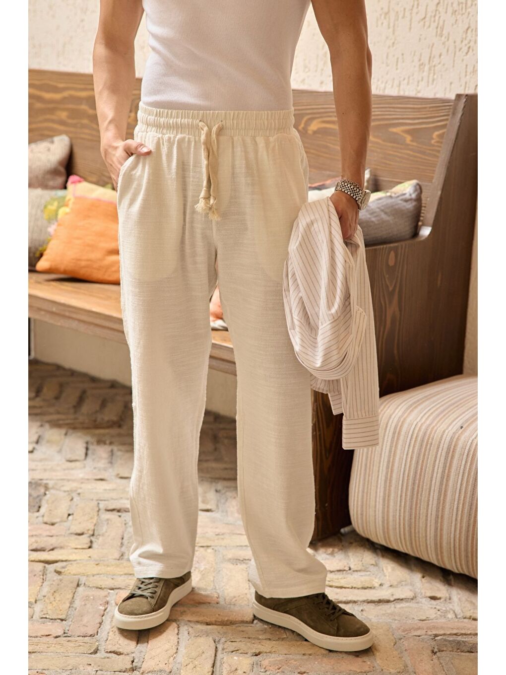 Bej Abay Erkek Keten İpli Baggy Pantolon-4