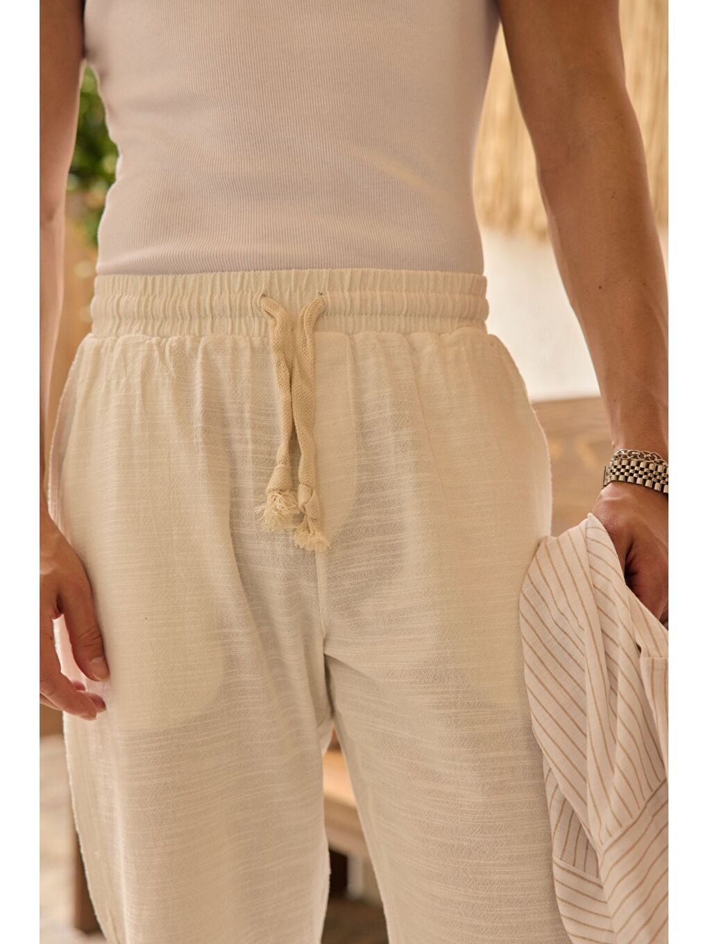 Bej Abay Erkek Keten İpli Baggy Pantolon-5