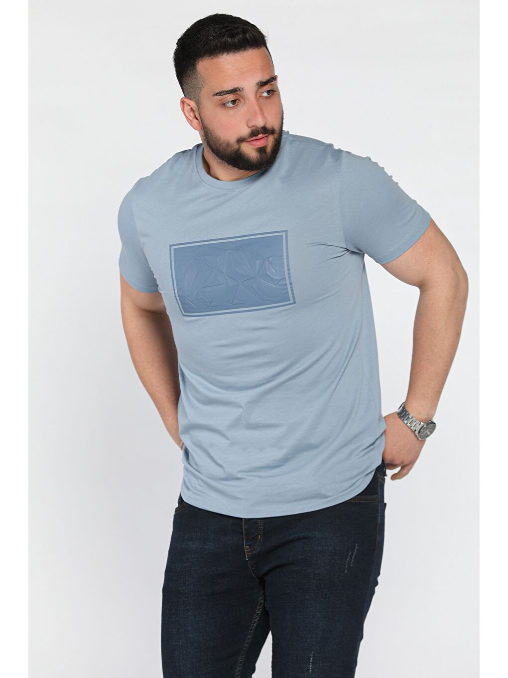 Mavi Erkek Bisiklet Yaka Baskılı Tişört-1