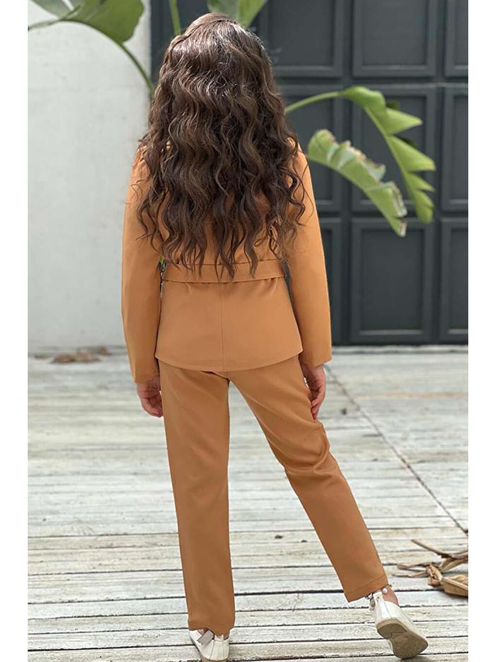 Kız Çocuk Yakası Fırfır Tüllü Dik Yaka Kazak Blazer Ceket Kırçılı Kemer Kahverengi Alt Üst Takım-3