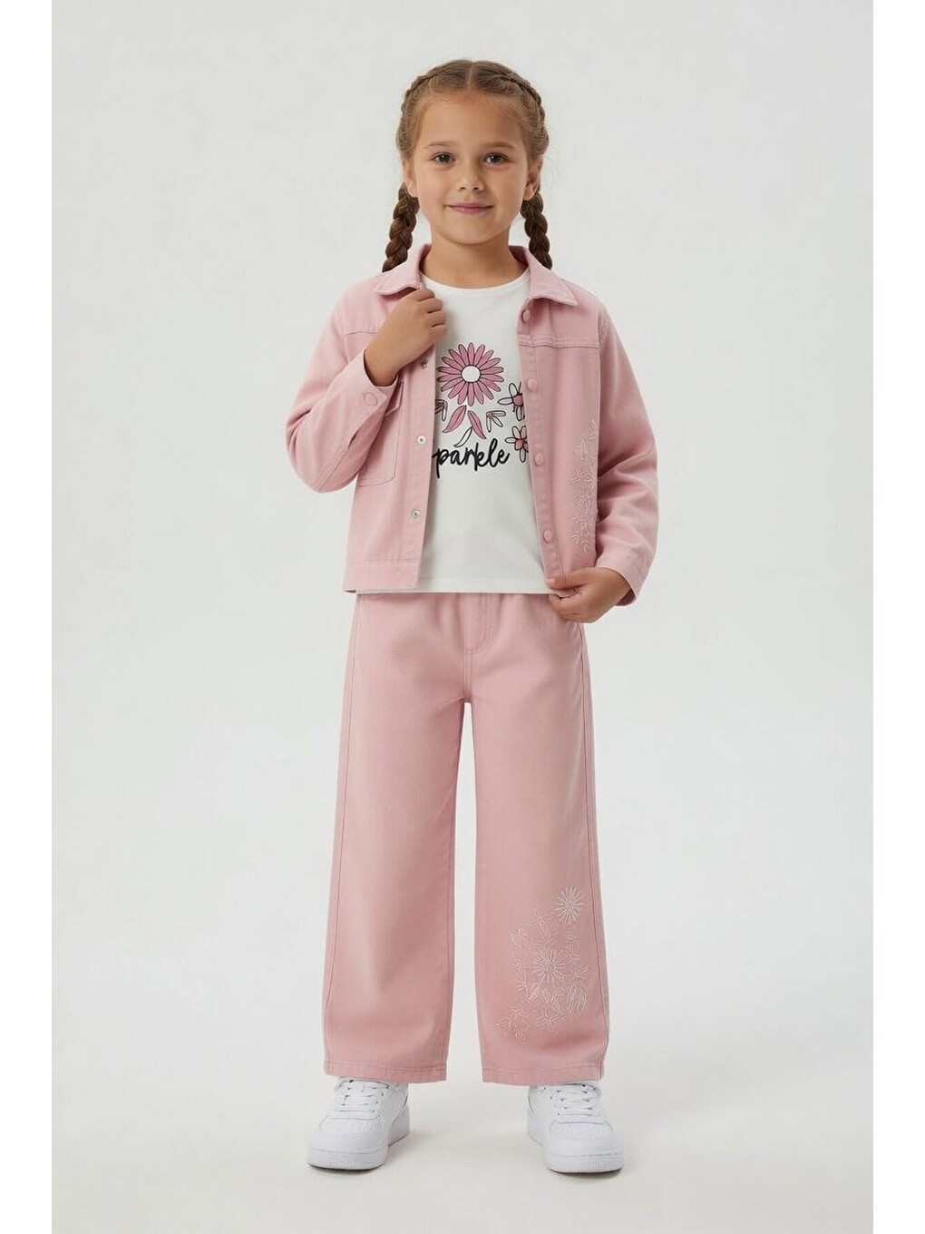 Pembe Somon Çiçek İşlemeli Ceketli Pantolonlu Kız Çocuk Tişörtlü 3lü Takım 24122-4