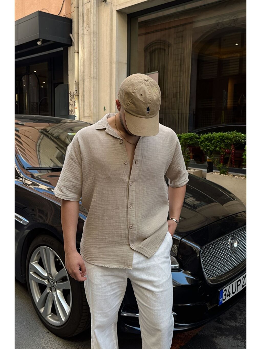 Bej Nebel Erkek Yazlık Pamuk Gömlek Apaş Yaka Kısa Kollu, Düğmeli, Rahat Kalıp-1